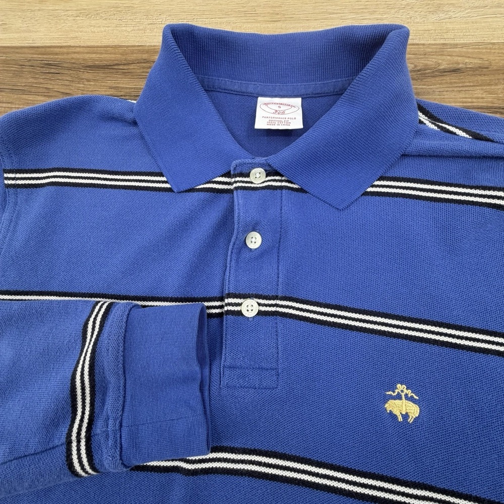Brooks Brothers Polo Shirt Mens Small Blue Stripe Rugby Performance Long Sleeve